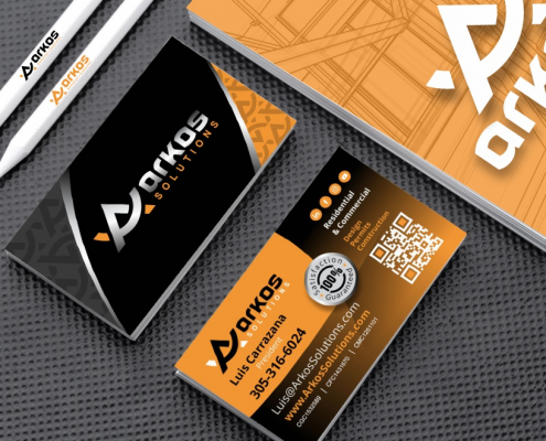 Portland Logo Design for Arkos Solutions. Architecture and Construction Company Logo Design. Business Card, Pen, Flyer Logo Application.