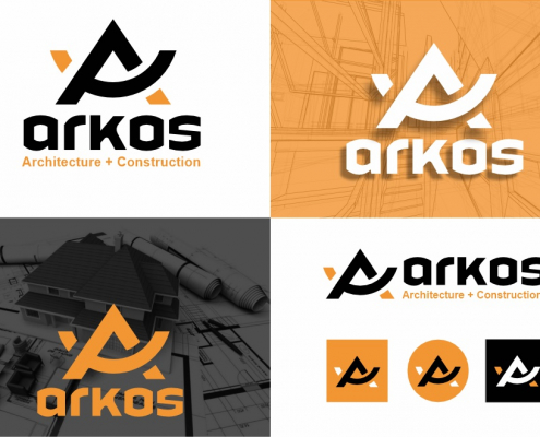 Portland Logo Design for Arkos Solutions. Architecture and Construction Company Logo Design. Main Logo Design variations on dark and Light backgrounds