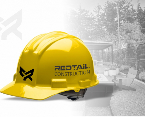 Portland Logo Design for RedTail Construction. Exterior Contractor Logo Design. Hard Hats Logo application, Screen printing, Swag, Safety Garments