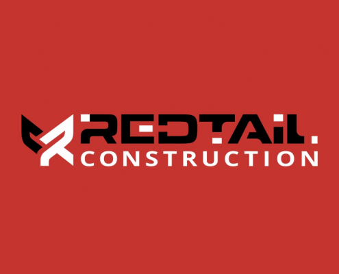 Portland Logo Design for RedTail Construction. Exterior Contractor Logo Design. Red Background Horizontal logo