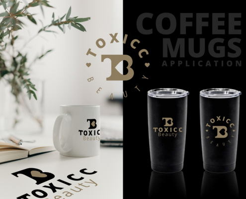 Portland Logo Design for Toxicc Beauty. Beauty Salon Logo Graphics. Coffee Mugs logo application, screen printing